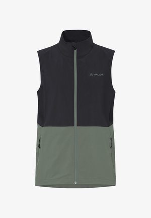 Gilet senza maniche da esterno con cerniera frontale, collo alto, due tasche con cerniera, pannelli superiori neri e inferiori grigi, logo Vaude sul petto.