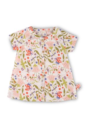 Flower-patterned short-sleeve dress in light pink fabric, featuring button front, round neckline, and a decorative element on the hem.