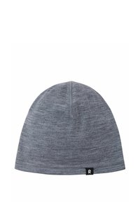 Berretto lavorato a maglia grigio con una texture morbida, forma arrotondata e un piccolo etichetta nera con una "R" bianca alla base.