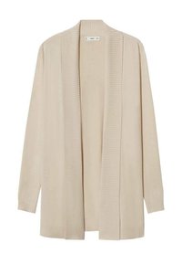 Cardigan beige à manches longues, ouvert sur le devant, avec col châle et ourlet côtelés, fabriqué en tissu tricoté doux.