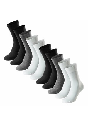 Dieci paia di calzini a metà polpaccio disposti a colori alternati nero, grigio scuro e bianco su sfondo bianco.