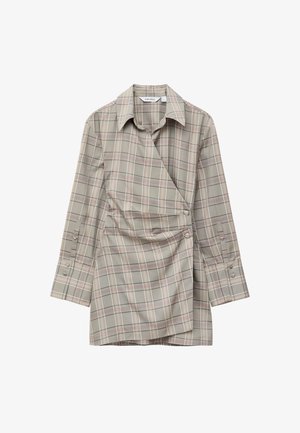 Wickeldress im Karomuster; beige Grundfarbe mit crème-, rosa- und grauen Linien; lange Ärmel mit Knopfdetails; mit Kragen.