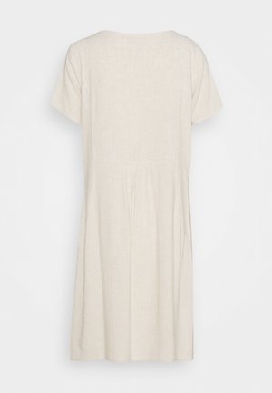 Light beige linen dress with short sleeves, a round neckline, gathered detailing at the waist, and a flared skirt.