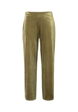 Olivgrüne, samtige Hosen mit glatter Textur, geradem Schnitt und elastischem Bund. Keine Taschen oder sichtbaren Hardwaredetails.