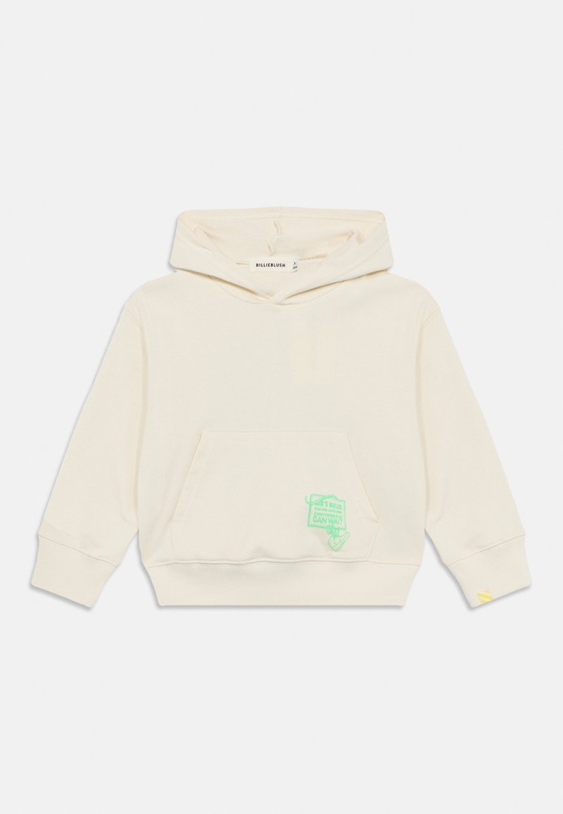 Crèmekleurige hoodie van zacht katoen, met een voorzak, een groene grafische print en een gele accenten op de mouw.