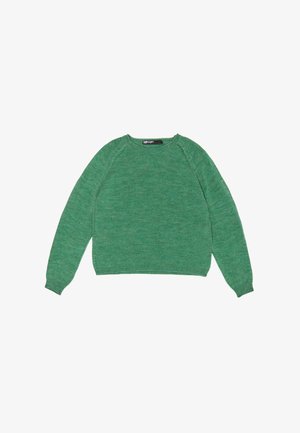 Grüner Strickpullover mit rundem Halsausschnitt und langen Ärmeln. Verfügt über einen strukturierten, weichen Stoff und einen kurzen Schnitt mit gerippten Bündchen und Saum.