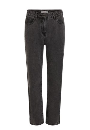 Jeans in denim neri con taglio dritto, caratterizzati da vita media, cinque tasche e dettagli scoloriti discreti in tutto il capo.