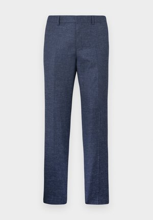 Pantalones de vestir de hombre de pierna recta en azul marino con trabillas, pliegue frontal y un sutil patrón texturizado en la tela.