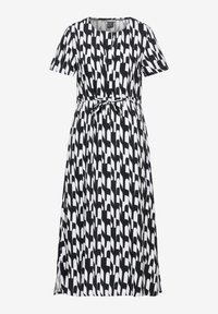 Svartvit mönstrad klänning med korta ärmar, rund halsringning och knyt-detalj i midjan. Mjuk tygkvalitet med en flödande siluett.