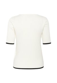 Top en tricot côtelé blanc avec des manches courtes et des bordures noires aux poignets et à l'ourlet. Présente un design ajusté et un décolleté arrondi à l'arrière.