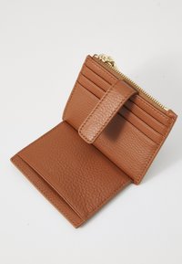 Brown leather wallet with a textured finish, featuring multiple card slots and a zipper compartment for coins. Compact design.