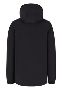 Veste à capuche noire avec une texture lisse, des poignets élastiques et un design minimaliste. Présente un logo sur l'épaule arrière.