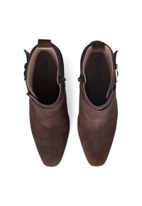 Brown suede ankle boots with a pointed toe, zip closure, and gold-tone hardware accents. Smooth inner lining and textured exterior.