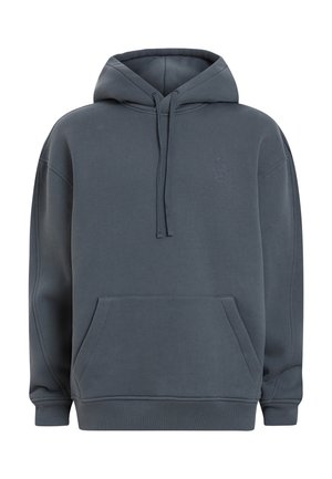 Donkergrijze hoodie met een kangoeroezak, trekkoordcapuchon en reliëflogo op de borst. Gemaakt van zachte, gestructureerde stof.