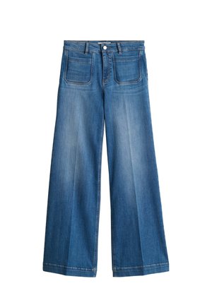 Blauwe denim wijde broek met voorzakken, riemlussen en een knoopsluiting.