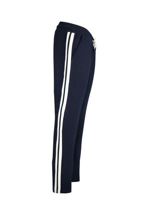 Pantaloni sportivi bleu navy realizzati in morbido tessuto, con strisce bianche doppie lungo i lati, vita elastica e tasche laterali.