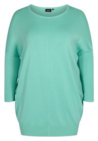 Světlé tyrkysové volné svetřík s klesajícími rameny, 3/4 rukávy, kulatým výstřihem a žebrovanými manžetami a lemem.