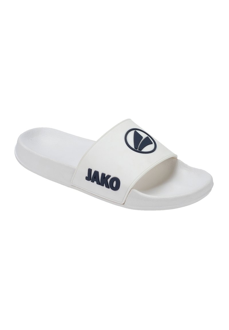 Sandalo bianco a scivolo realizzato in materiale sintetico, con una larga fascia con logo blu navy e scritte nere. Suola piatta, texture liscia.