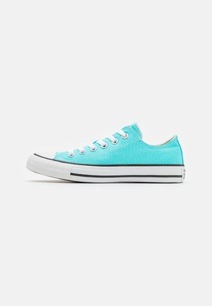 Zapatilla baja de lona en color aqua con puntera de goma blanca, rayas negras y ojales blancos; presenta un acabado texturizado y una silueta redondeada.