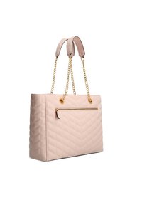 Borsa a tracolla quilted rosa con manici in catena dorata, dotata di una tasca con zip sulla parte anteriore e una superficie morbida e testurizzata.
