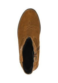 Brown suede ankle boot with a zipper on the side, decorative stitching on the upper, rounded toe, and a textured sole.