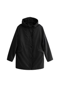 Svart regnjacka med huva, tillverkad av slätt, vattentätt material. Har tryckknappar, två framfickor och justerbara snoddar.