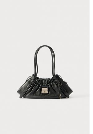Black leather handbag with gathered top, dual shoulder straps, side zip compartments, and silver clasp labeled "Marc Jacobs" with a small key charm.