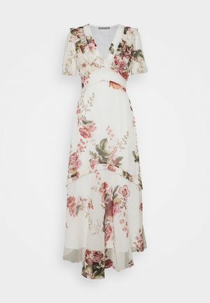 Hvid blomster maxi-kjole med V-hals, korte pufærmer, flæsedetaljer og lagdelt asymmetrisk kant.