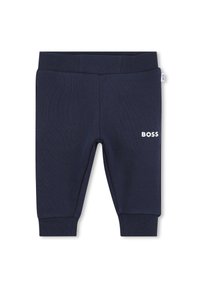 Navy blue sweatpants made of textured fabric, featuring an elastic waistband and "BOSS" logo in white on the front.