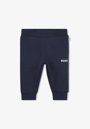 Navyblauwe joggingsbroek van een gestructureerde stof, met een elastische tailleband en het "BOSS"-logo in het wit op de voorkant.