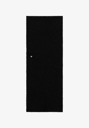 Sciarpa nera a coste, di forma rettangolare, con un piccolo accento triangolare dorato. Realizzata in materiale morbido, offre un aspetto testurizzato.