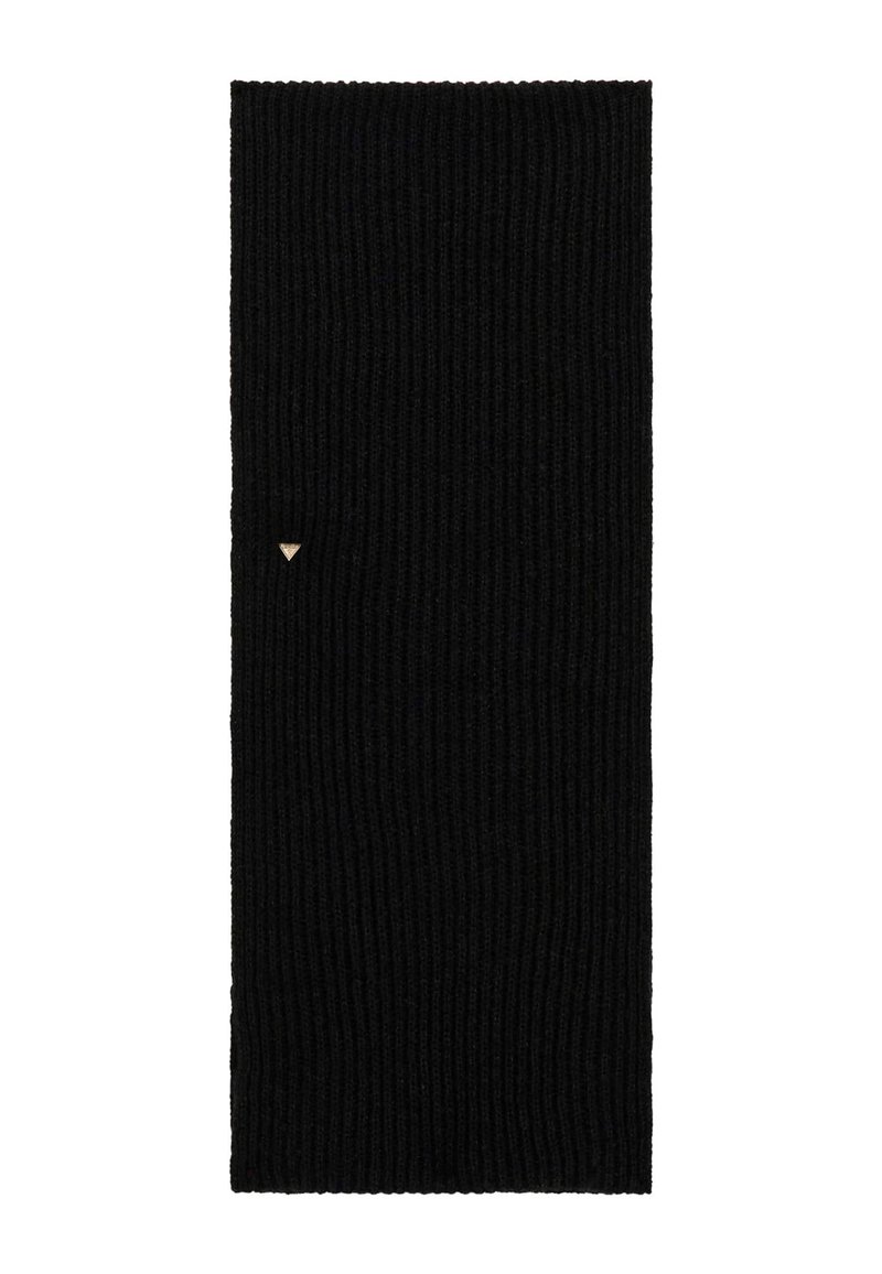 Sciarpa nera a coste, di forma rettangolare, con un piccolo accento triangolare dorato. Realizzata in materiale morbido, offre un aspetto testurizzato.