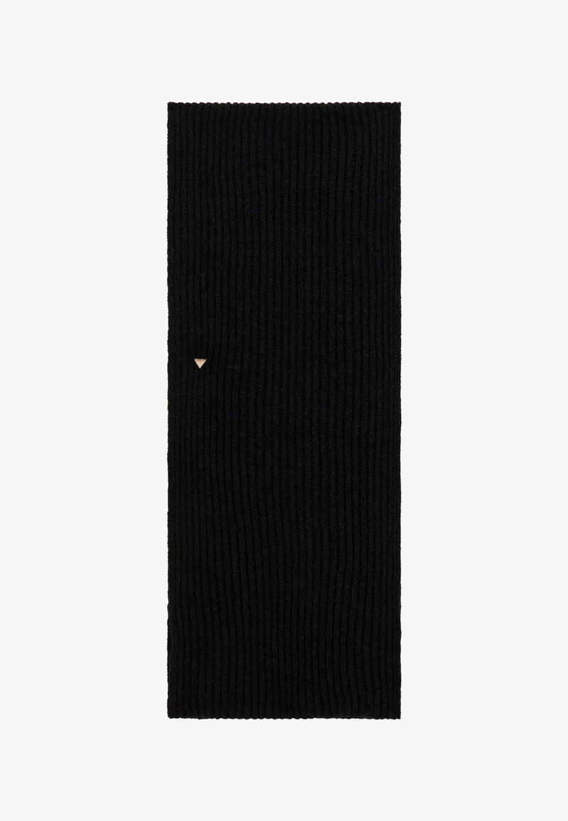 Sciarpa nera a coste, di forma rettangolare, con un piccolo accento triangolare dorato. Realizzata in materiale morbido, offre un aspetto testurizzato.