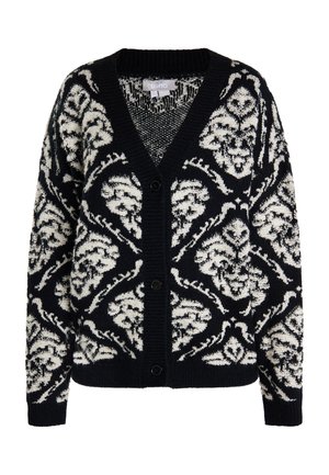 Gebreide zwart-wit cardigan met bloemenpatroon, v-hals, knopen aan de voorkant, geribde manchetten en een zachte textuur.