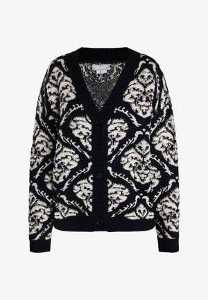 Fekete-fehér kötött kardigán virágmintával, V nyakkal, gombos elülső résszel, bordázott mandzsettákkal és puha textúrával.