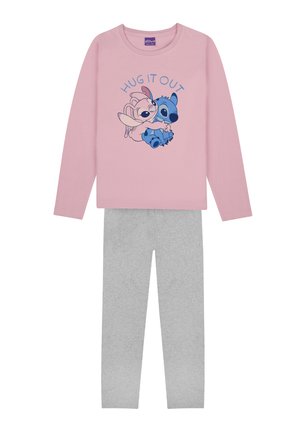 Helles rosa Langarmoberteil mit Cartoonfiguren und dem Text "HUG IT OUT", kombiniert mit grauen Leggings. Aus weichem Baumwollstoff, klassischer Schnitt.
