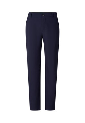 Pantalon ajusté bleu marine avec fermeture à bouton et zip, passants pour ceinture, et jambes droites à coupe slim.