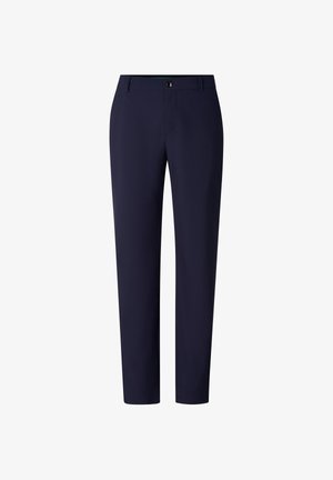 Pantalon ajusté bleu marine avec fermeture à bouton et zip, passants pour ceinture, et jambes droites à coupe slim.