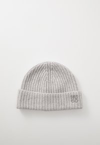 Gray ribbed knit beanie with a folded cuff and a small logo detail on the front, made from soft wool or acrylic material.