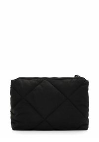 Black quilted cosmetic bag made of soft fabric. Features a zip closure and diamond pattern stitching, rectangular shape with rounded edges.
