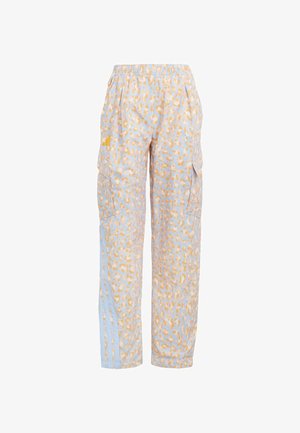 Jasnoniebieskie spodnie typu cargo z pomarańczowym wzorem w cętki lamparta, elastycznym pasem, bocznymi kieszeniami i subtelnymi pionowymi paskami na nogawkach.