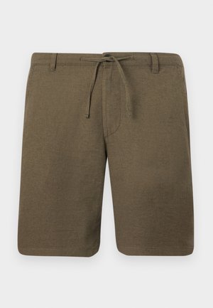 Calções de linho verde oliva com frente lisa, cintura com cordão e bolsos laterais; tecido texturizado com um ajuste casual e descontraído.