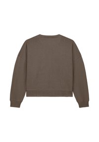 Braunes Langarmcrewneck-Sweatshirt mit gerippten Bündchen und Saum, von hinten auf einem weißen Hintergrund gezeigt.