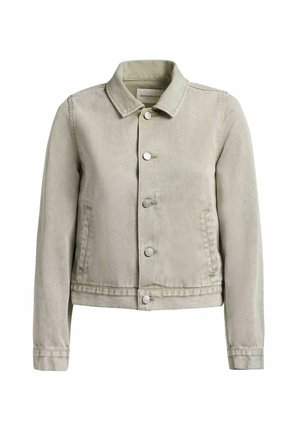 Beige denim jacket with front button closure, two side pockets, long sleeves, a classic collar, and a straight hem.