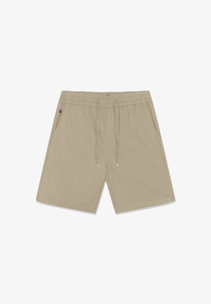 Shorts beige à hauteur des genoux avec taille élastique, cordon de serrage et poches latérales, étalés à plat sur un fond blanc.