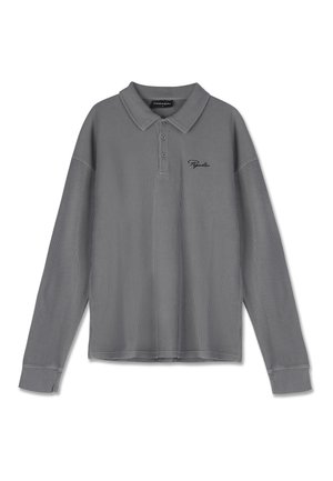 Long-sleeve polo shirt in striped grey fabric. Features a collar, three-button placket, and subtle black branding on the chest.