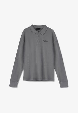 Long-sleeve polo shirt in striped grey fabric. Features a collar, three-button placket, and subtle black branding on the chest.
