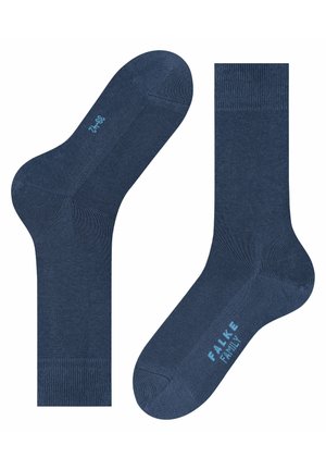 Blue cotton blend socks with a smooth texture, ribbed cuff, and reinforced toe, featuring light blue branding on the sole.