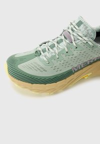 Chaussure de course verte avec une tige en maille texturée, semelle en caoutchouc et accents jaune clair. Présente des détails à motifs et des lacets réfléchissants.