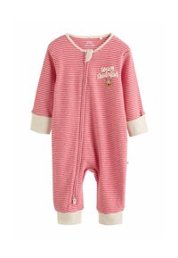 Rot-weißer gestreifter Kinder-Overall mit langen Ärmeln, rundem Hals und vorderem Reißverschluss. Mit beigen Akzenten und einem kleinen Druckdesign.